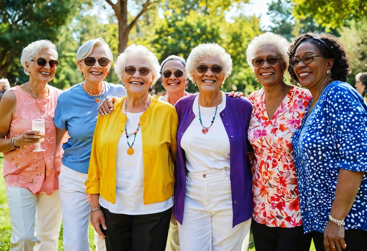 A joyful gathering of diverse senior LGBTQ women celebrating together in a vibrant community park, surrounded by colorful flowers and trees. Each woman expresses her individuality through unique clothing and accessories, smiling and engaging in lively conversation. Bright, warm sunlight casts a golden glow over the scene, symbolizing love, acceptance, and empowerment. The atmosphere is uplifting, filled with a sense of belonging and joy. watercolor painting. vibrant colors. soft focus.