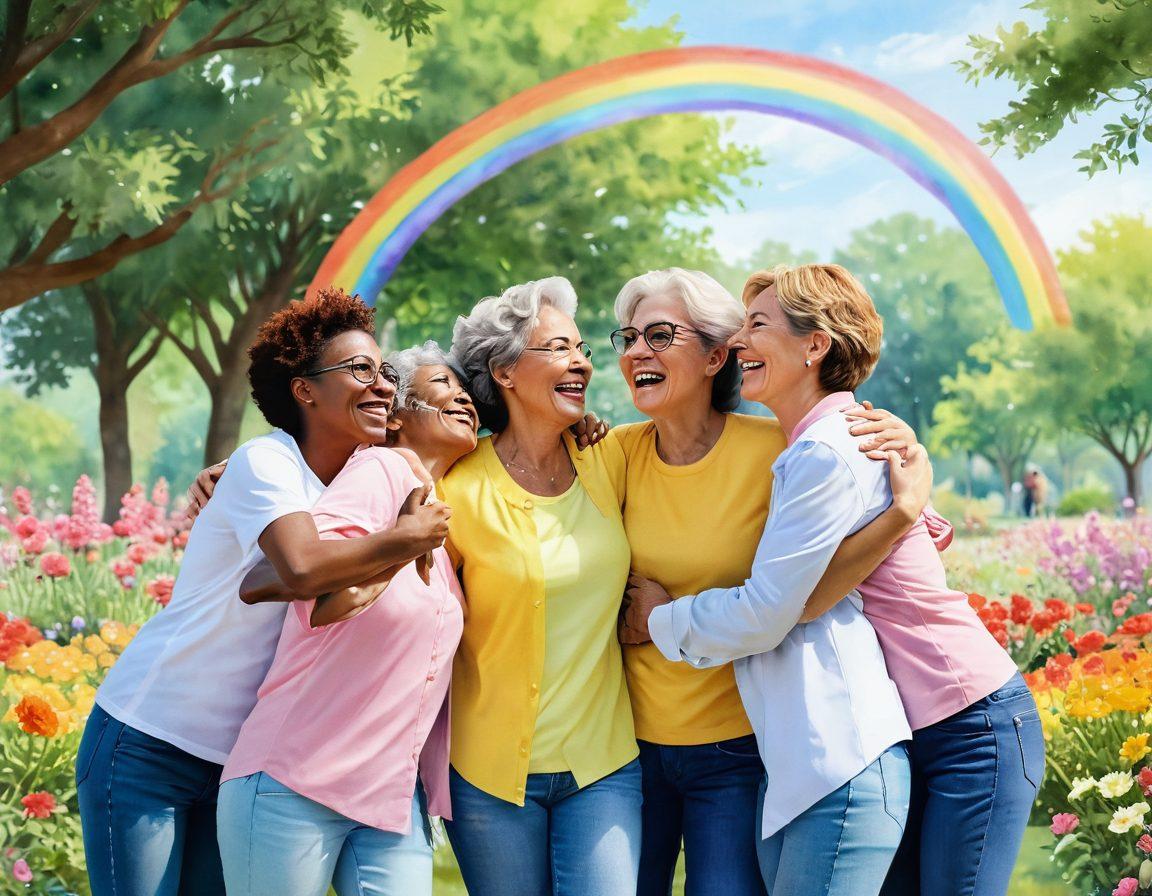 A warm and vibrant illustration of a diverse group of mature lesbian friends joyfully celebrating together in a sunny park, surrounded by colorful flowers and rainbow decor. They are exchanging heartfelt stories, laughter, and hugs, symbolizing the strength of their lifelong friendships. The scene captures a sense of community, love, and pride, with a backdrop of soft pastel colors to enhance the joyful atmosphere. Watercolor style. vibrant colors. soft focus.