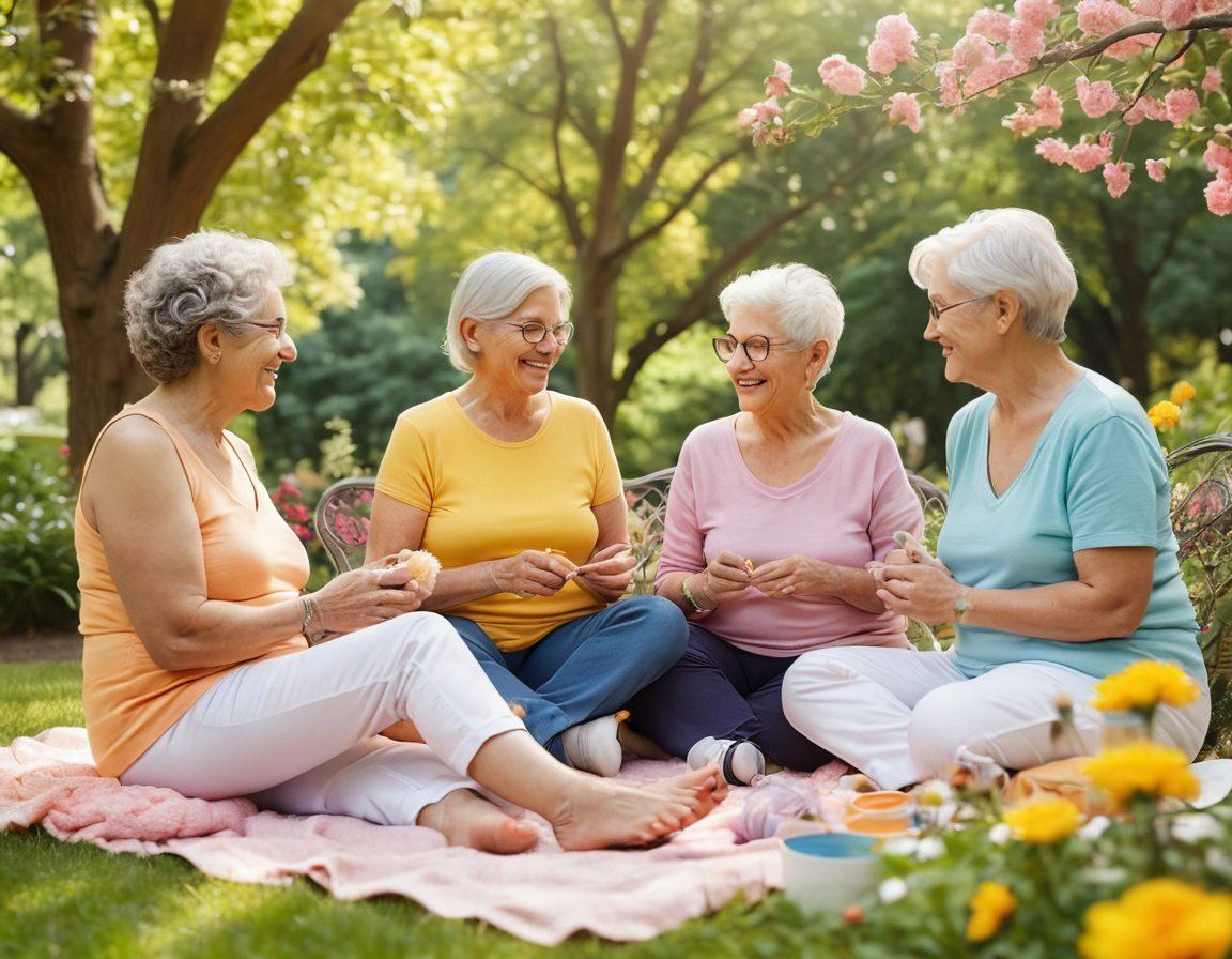 A warm, inviting scene featuring a diverse group of lesbian seniors gathered in a sunny park, sharing stories and laughter. They are engaged in various activities like knitting, yoga, and painting, surrounded by blooming flowers and trees. The atmosphere radiates empowerment, visibility, and wellness, showcasing their vibrant personalities. Soft pastel colors with a touch of warmth. super-realistic. vibrant colors.
